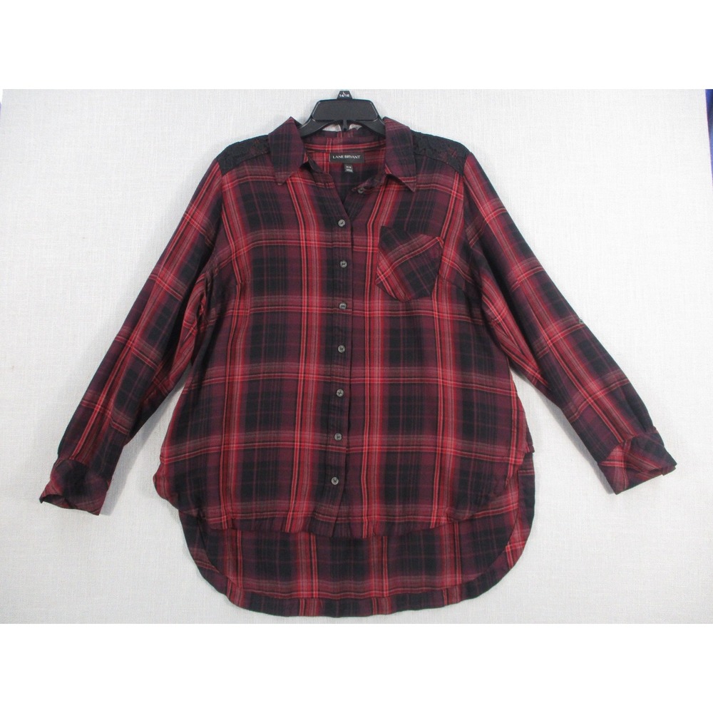 Lane Bryant Plaid Lace Back Button Down Shirt Red Black Womens 14/16 Rayon Top